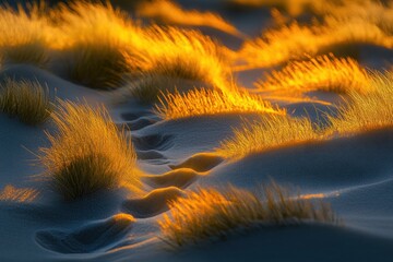 Wall Mural - sunset illuminates footprints in sand dunes with glowing grass.