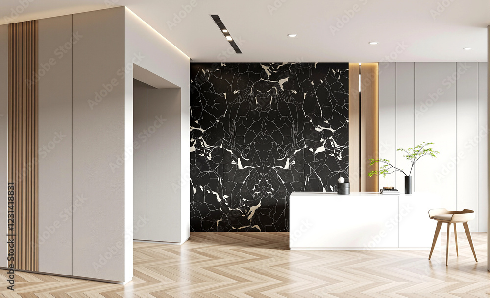 The image features a modern interior with a striking black marble wall ...