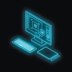 Wall Mural - Glowing blue neon outline of a desktop computer setup with keyboard and tablet showing ui design elements on a dark background