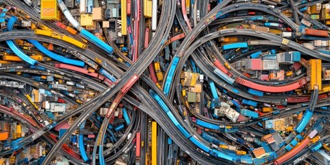 Wall Mural - Aerial view of complex network of roads and trains, showcasing vibrant colors and intricate infrastructure.