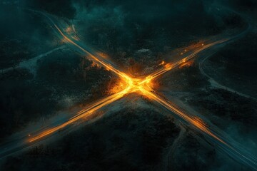 Wall Mural - Aerial view of a highway intersection at night, illuminated by car lights forming an X shape.