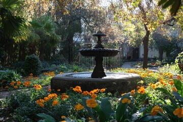 Poster - Sunlit garden fountain surrounded by vibrant orange flowers and lush greenery.