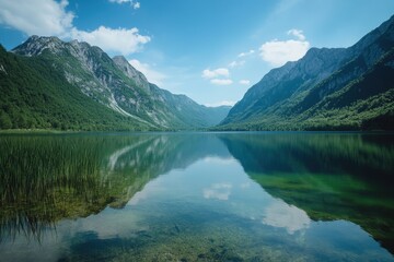 Wall Mural - Calm mountain lake reflecting sky, idyllic valley