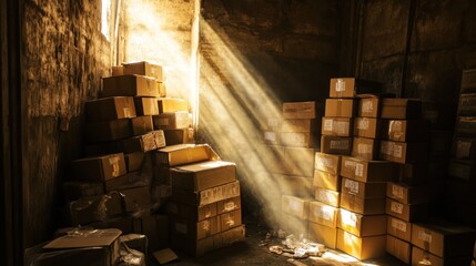 Wall Mural - sunbeams illuminate stacks of cardboard boxes in a dimly lit warehouse.