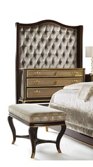 Wall Mural - A bed with a white headboard and a brown dresser