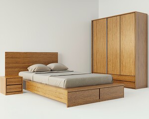 Wall Mural - A wooden bedroom set with a bed, nightstand, and dresser