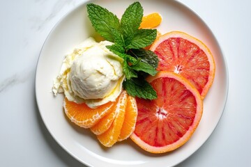 Wall Mural - Colorful citrus slices arranged with creamy ice cream and fresh