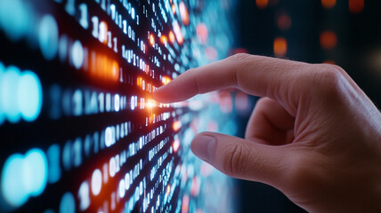 Wall Mural - a hand interacting with glowing lines of code on a digital screen