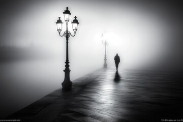 Wall Mural - Solitary figure walking on foggy waterfront path at night, illuminated by vintage lampposts.