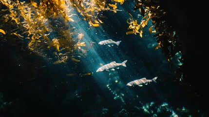 Wall Mural - three fish swim in sunlit kelp forest.