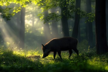 Sticker - Wild boar foraging in sunlit forest.