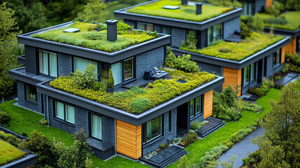 Wall Mural - Urban planners design sustainable city models with eco-friendly green spaces and community gardens integrating lush vegetation around energy-efficient homes for a sustainable future minimalistic brigh