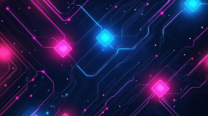 Glowing circuit board with pink and blue elements, used for tech & digital backgrounds