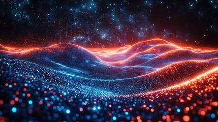 futuristic digital landscape cyberpunk neon lights geometric patterns 3D grid artificial intelligence machine learning