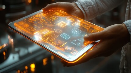 Hand holding a futuristic tablet screen with translucent apps and holographic buttons 