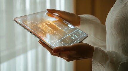 Hand holding a futuristic tablet screen with translucent apps and holographic buttons 