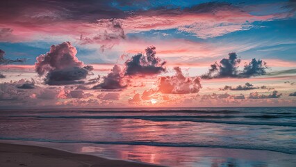 Poster - Vibrant sunrise over calm sea with fluffy clouds in shades of pink and blue reflecting on water at sandy beach in soft morning light