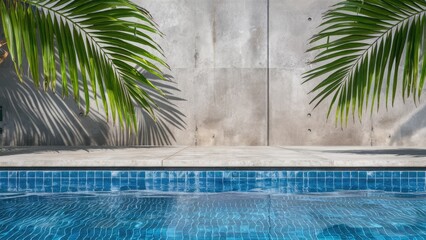 Aufkleber - Serene swimming pool with clear blue water reflecting palm leaves and textured concrete wall in the background, creating a tranquil atmosphere