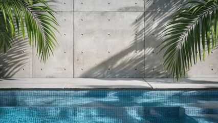 Aufkleber - Modern swim pool with clear water and concrete wall with palm shadows, featuring lush green leaves framing the top corners for a tropical ambiance.