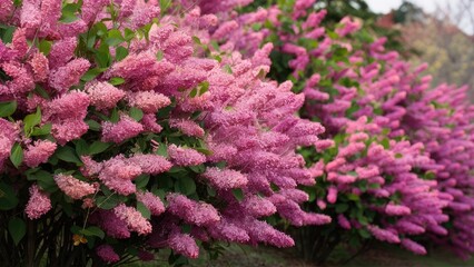 Aufkleber - Vibrant lilac bushes in full bloom with shades of pink and purple arranged in clusters along a sunny garden pathway during springtime.