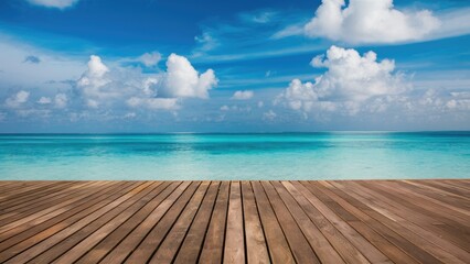 Aufkleber - Tranquil wooden deck framing a vibrant turquoise ocean under a bright blue sky with fluffy white clouds, creating a serene coastal atmosphere.