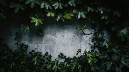 Poster - Cement wall in dark tones framed by vibrant green ivy leaves creating a moody and textured atmosphere with top-down perspective and shadows