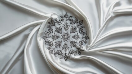Leinwandbilder - Elegant white silk fabric with a central gray floral jacquard pattern, showcasing intricate weaves and smooth, lustrous texture.