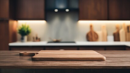 Aufkleber - Wooden cutting board on a polished table with a blurred modern kitchen backdrop featuring dark cabinets and warm accent lighting.