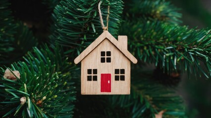 Poster - Wooden house ornament on green pine branches featuring a red door and windows for Christmas festive decorations in a traditional style