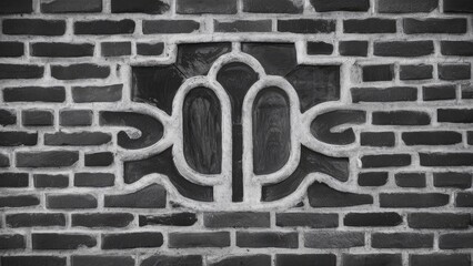 Poster - Textured closeup of a unique brick wall with central design in monochrome showcasing artistry with dark and light brick contrast ideal for backgrounds