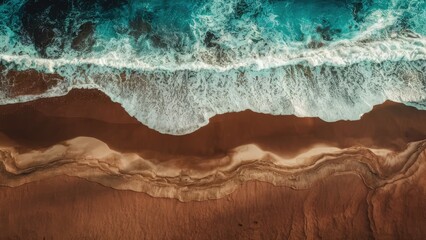 Poster - Aerial view of wavy sand texture along a coastal shoreline with brown sand and vibrant turquoise waves creating a serene, natural landscape.