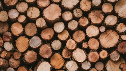 Aufkleber - Close-up of neatly stacked timber logs displaying natural wood grain textures in warm brown tones, arranged in a circular pattern for construction use.
