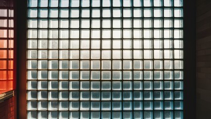 Poster - Morning sunlight filters through a glass block wall featuring a grid pattern with cool blue and white hues, creating a serene ambiance.