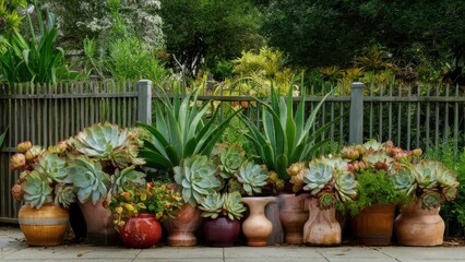 Poster - Succulent plants in various terracotta pots arranged alongside a wooden fence, featuring lush greenery and vibrant textures in a serene garden setting.