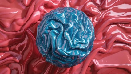 Aufkleber - Abstract wrinkled plastic texture featuring a vibrant blue spherical shape amidst soft glossy red folds creating a dynamic visual contrast