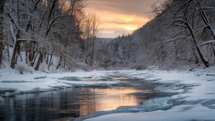 Aufkleber - Serene winter creek scene with icy river reflections and snowy banks illuminated by a soft sunset glow, showcasing tranquil nature harmony.