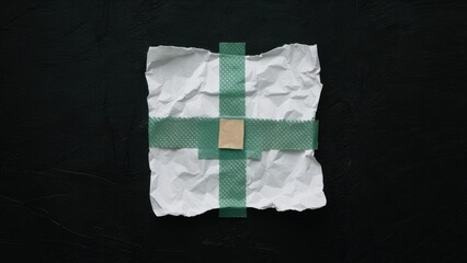 Leinwandbilder - Crumpled white paper with green tape arranged in a cross on a black textured background viewed from above showcasing contrast and texture.