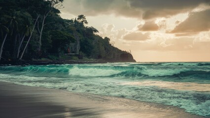 Poster - Coastal sunset with gentle waves crashing on sandy beach vibrant turquoise water and lush green palm trees under a cloudy sky