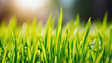 Aufkleber - Vibrant green grass blades glisten in soft focus under radiant sunlight with a blurred bokeh background creating an ethereal nature scene.