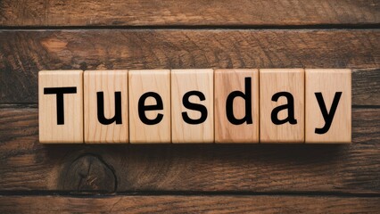 Aufkleber - The word Tuesday in bold black letters on light-colored wooden blocks arranged on a rustic wooden surface with natural grain textures.
