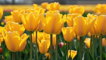 Poster - Vibrant yellow tulips in sharp focus against a soft green and blurred background with sunlight highlighting their petals in a garden setting