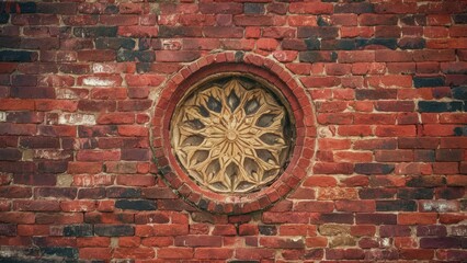 Fototapete - Weathered red brick wall texture featuring a circular wooden floral window in the center with earthy tones and rough brick surface surrounding it.