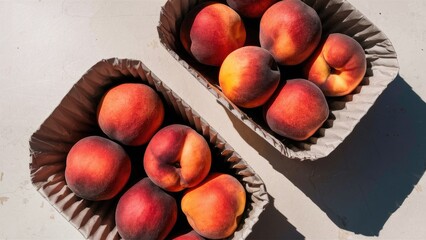 Poster - Brightly colored peaches in two paper containers, top view, arranged on a light surface, showcasing warm orange and red shades.