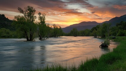 Poster - Serene sunset over a river with lush green trees reflected in calm waters vibrant orange and purple sky with distant mountains in background