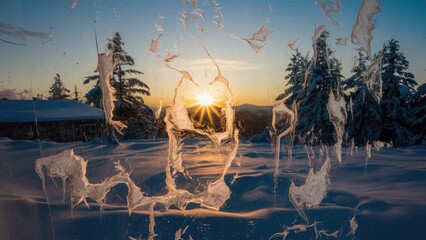 Aufkleber - Intricate winter snow patterns adorn a window with a sunset backdrop, highlighting golden hues against a serene snowy landscape and evergreen trees