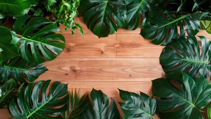 Poster - Lush green Monstera leaves arranged on a wooden surface creating a natural frame with light wood tones and rich foliage textures in the center.