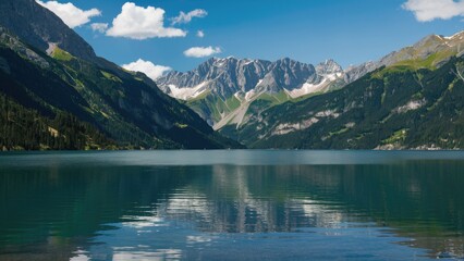 Aufkleber - Serene lake reflecting majestic mountains under a clear blue sky with fluffy white clouds and lush greenery on either side of the tranquil water