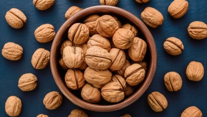 Poster - Bowl of walnuts on a dark blue surface surrounded by walnuts, showcasing earthy tones and textures of the nuts in a rustic container.