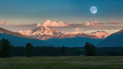 Poster - Sunlit mountains under a clear blue sky with a large moon and soft clouds, showcasing a tranquil summer landscape in a serene meadow setting.