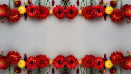 Fototapete - Vibrant red gerbera daisies and yellow fruits arranged symmetrically on a light grey background creating a fresh and colorful border design.